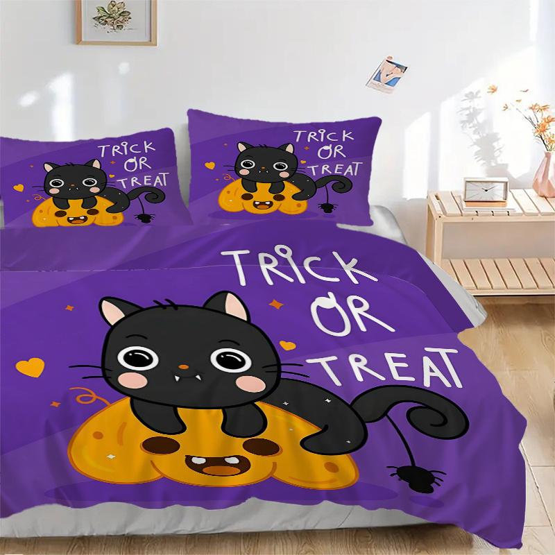 3pcs Trick or Treat Adorable Cat and Pumpkin Bedding Set - Includes Quilt Cover and Pillowcases, Suitable for All Seasons,