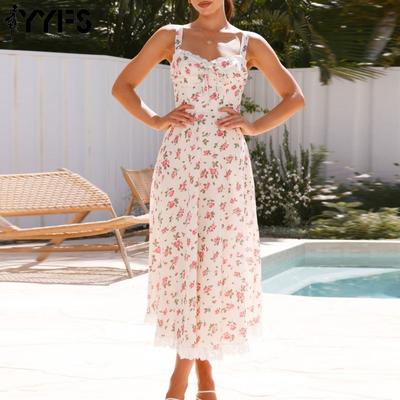 Abiti casual a vita alta con stampa di fiori primaverili estivi alla moda da donna