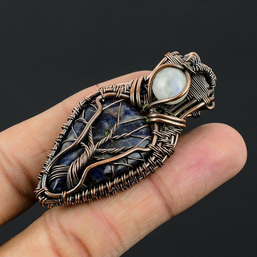 Sodalite & Rainbow Moonstone Pendant, Gemstone 999 Copper Wire Wrapped Jewelry Pendant, Handmade Jewelry Birthstone Pendant, Gift For Him
