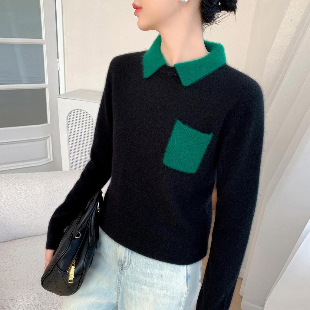 Women's Elegant Color Block Cashmere Polo Sweater - Age-Reducing Red Pullover Knit Base Layer
