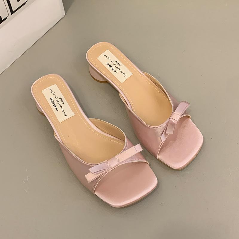 

Розовые французские крутые тапочки на толстом каблуке, туфельки феи, уличная обувь, новинка лета 2025, сандалии с бантом для ношения с юбкой 39 розовый