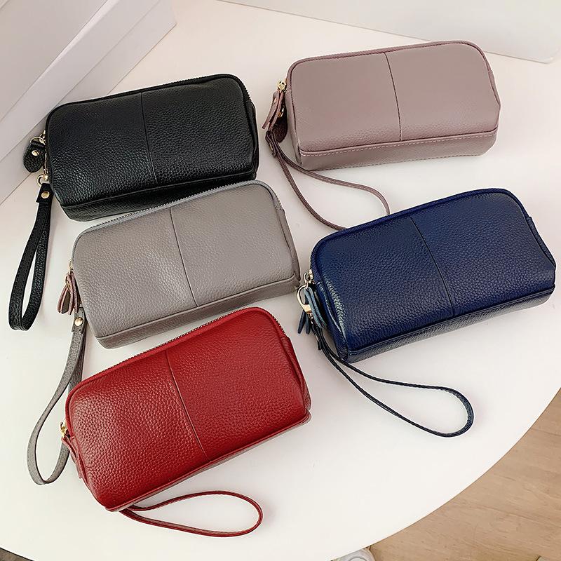 Genuine Leather Women Wallet Zipper Lining Purses For Ladies Wristlet Bag Lady Clutch Coin Purse Cowhide Mobile Phone Bag Black