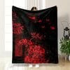 Red Flowers and Butterflies On Black Background Patterned Flannel Blanket Perfect for the Bedroom Living Room, Sofa, or a Little Nap