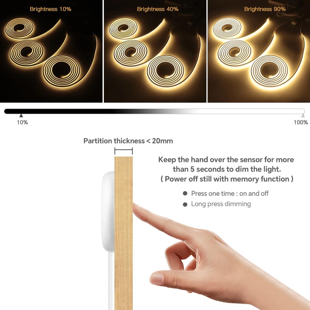 24V COB LED Strip Under Cabinet Light Neon Tape with Touch Dimmable Swtich for Closet Showcase Shelf Wall Acoustic Panel Decor