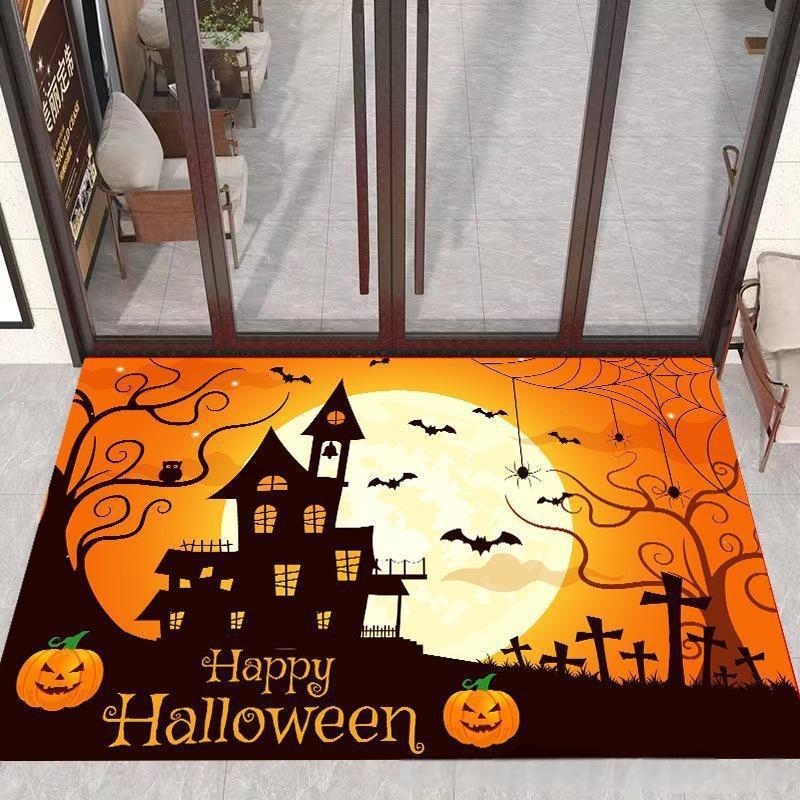 

Halloween Themed Door Mat With Ghost Castle Pumpkin Bat Withered Tree Gloomy Style For Front Door Entryway Halloween Party Deco 40X60cm
