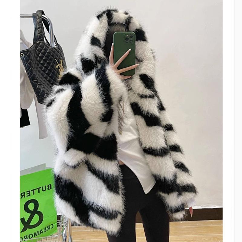 Women's fur coat zebra pattern hooded imitation fox fur coat young thickened winter warm jacket
