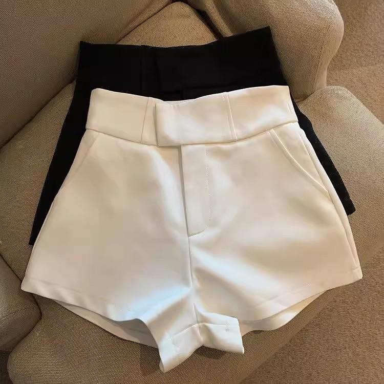 Trendy White Women’s Suit Shorts High-waisted A-line Trousers – Versatile Slimming Straight-leg Casual Wide-leg Trousers for Summer