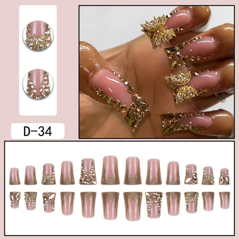 24 Pcs Butterfly Artificial Nail French Tip Press On Nail Glittering False Nail Duck Shaped Stick On Nail for Party