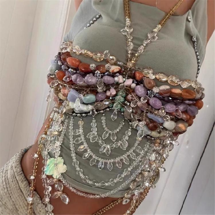 Fashion Layer Acrylic Stone Body Chain Bra Top Adjustable Closure Designs for Women's Beachwear and Dance Event