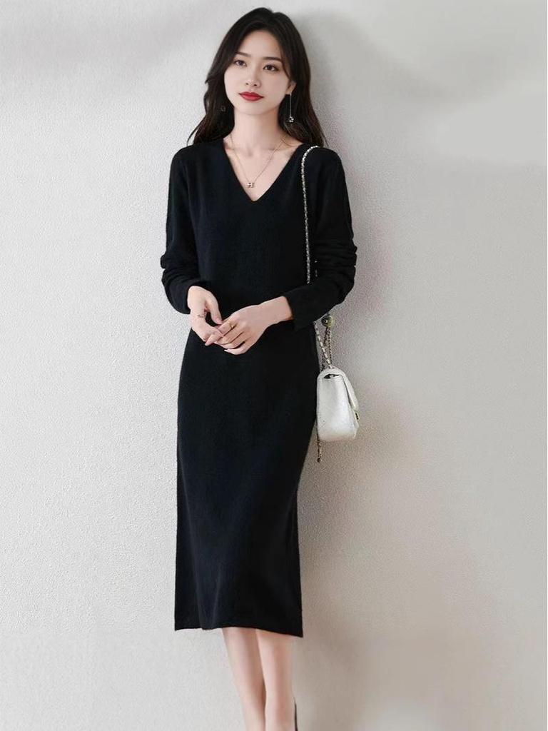 2025 Herbst/Winter Damen Woll V-Ausschnitt Knielanges Pulloverkleid mit Schlitz