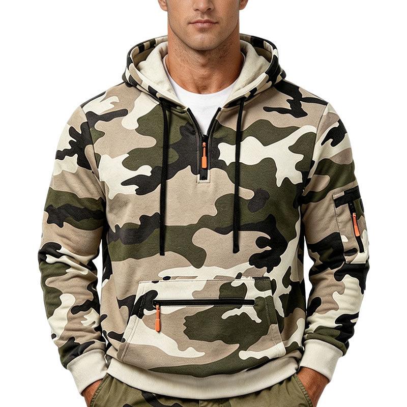 Men S Camouflage Half Zip Drawstring Hooded Sweatshirt Loose Casual Pullover
