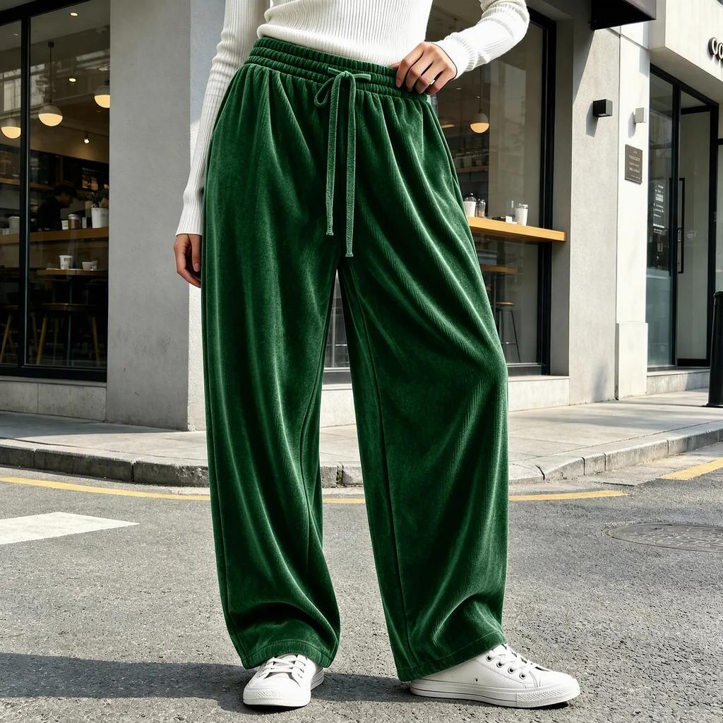 Women's Fashion High Waist Pants, Korean Velvet Casual Long Trousers for Everyday Wear