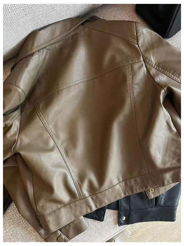 Women's Petite High-Waisted Short Leather Jacket for Autumn/Winter 2025: New Arrival Lapel Motorcycle Outerwear