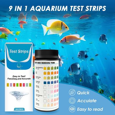 100 Pcs 9-IN-1 Aquarium Test Fish Tank Test Kit with Test Tube Water Quality Monitor pH Test Strips Strips Easy Fast Accurate
