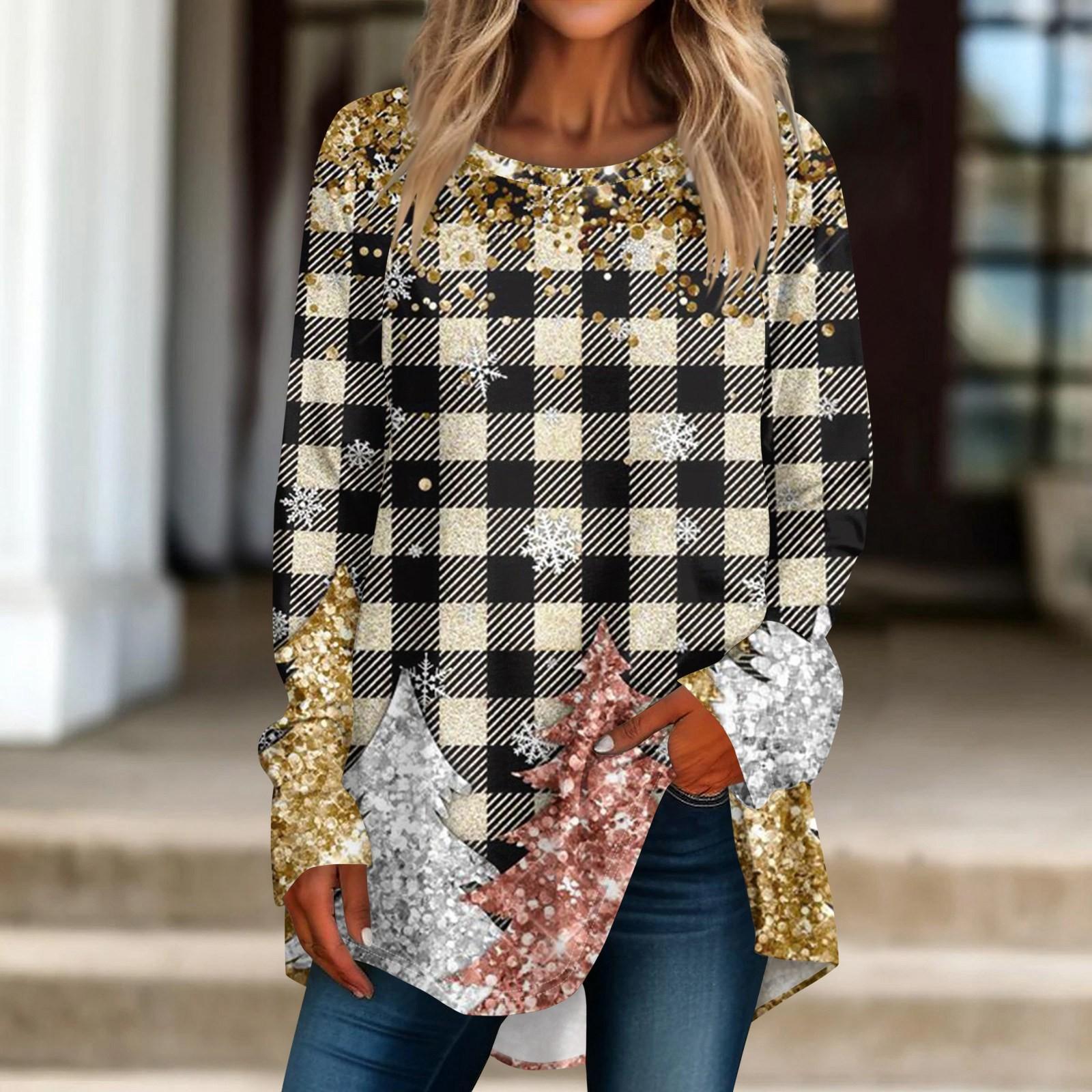 

Женская мода повседневная футболка с круглым вырезом и рождественским принтом на плечах с длинными рукавами XL жёлтый