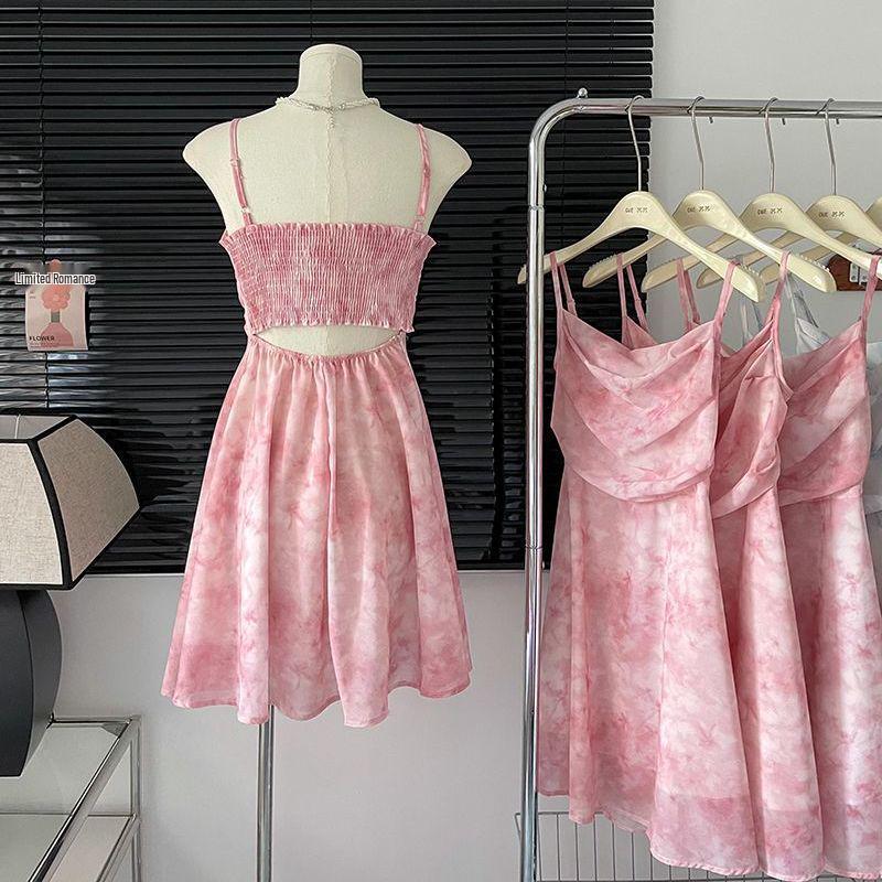 Elegant French Floral Camisole Dress Women's Summer Waist-Cinched Chiffon Skirt
