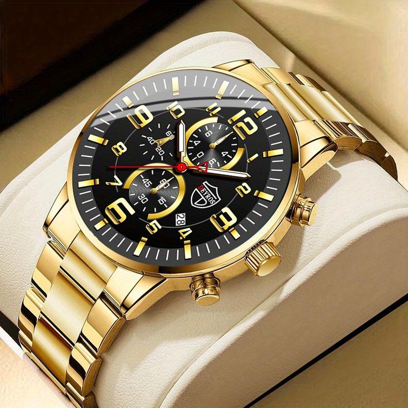 2PCS Fashion Mens Calendar Watches Luxury Male Stainless Steel Quartz Wristwatch Luminous Clock Men Bracelet Wrist Watch