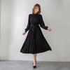 Korean Chic Stand Collar Belted Waist Pleated Maxi Dress Elegant Solid Color Long Sleeve Women Dress
