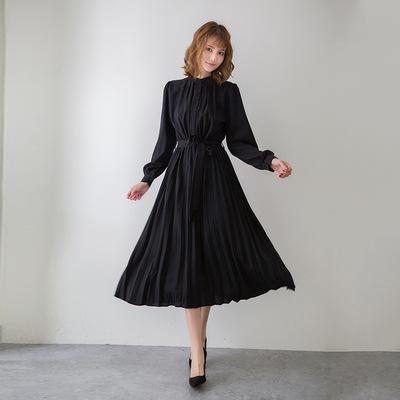 Korean Chic Stand Collar Belted Waist Pleated Maxi Dress Elegant Solid Color Long Sleeve Women Dress