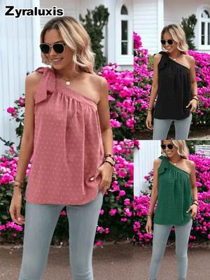 Women's Spring Summer Casual Fashion Off-Shoulder Tie Strap T-Shirt Sleeveless Solid Color Top