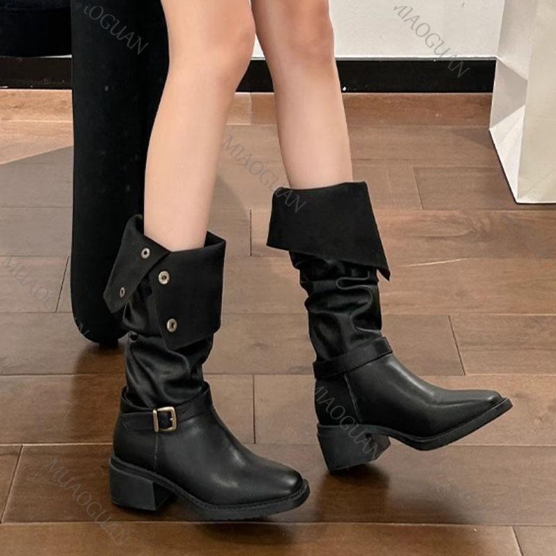Mode Retro Lange Ritterstiefel Damen Herbstschuhe Mode Dick Mittelhoch Absatz Mode Gefalteter Knopf Kniehoch Motorrad Bota Femininos