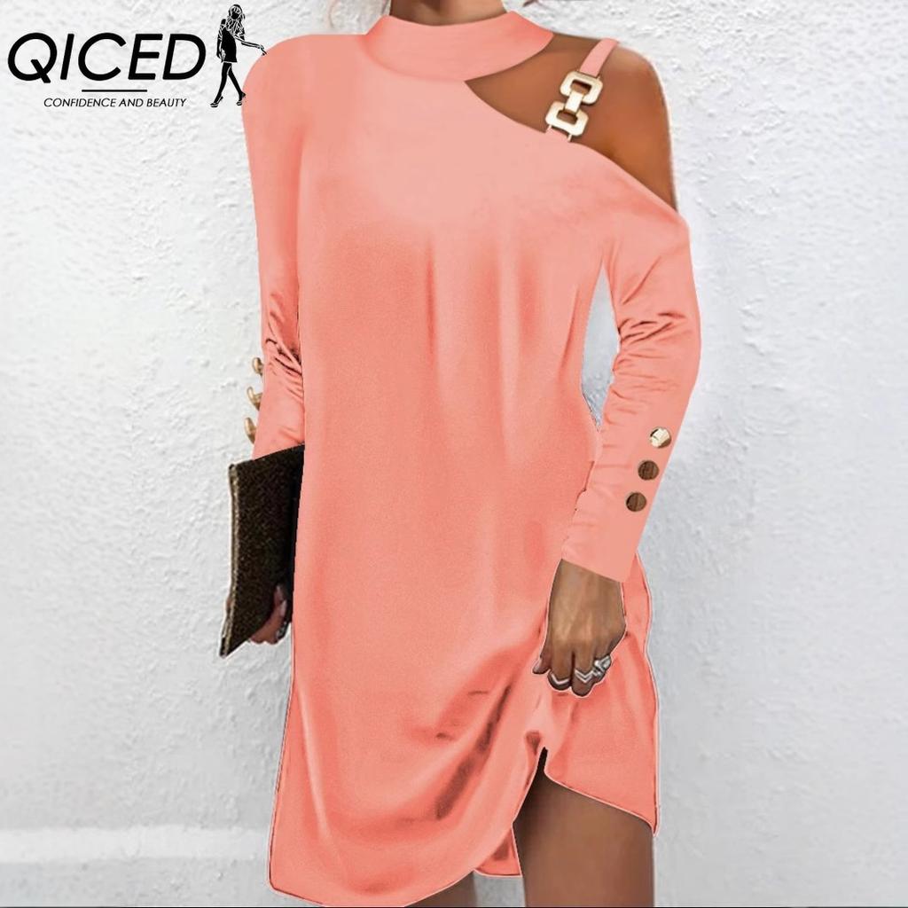 QICED Women's Fashion Spring Autumn Solid Color Print Long Sleeve High Waist Casual Dresses