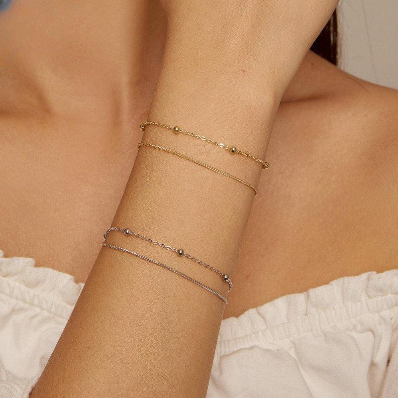 New Beaded S925 Sterling Silver Bracelet for Women Korean Fashion Electroplating Adjustable Simple Silver Bracelet