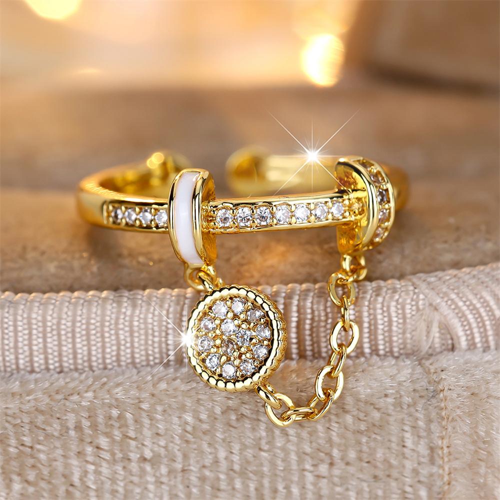 

White Zircon Tassel Pendant Chains Opening Rings For Women Vintage Gold Color Engagement Wedding Jewelry resizable