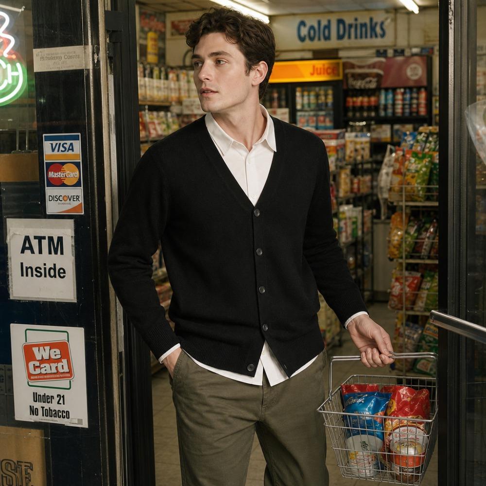 Men 100% Cotton V Neck Knit Cardigan, Slim Fit Long Sleeve Korean Style Casual Sweater Jacket for Autumn Winter