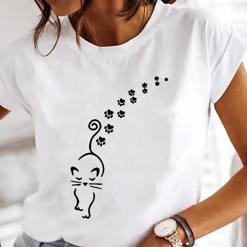 

Black Cat Print T-Shirt Women s White Short Sleeve Summer Cute Pattern T-Shirt Summer Casual White T Shirt Graphic T Shirts S
