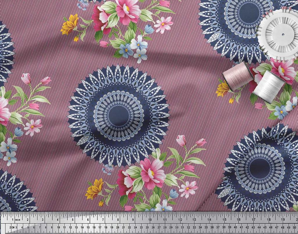 Soimoi Japan Crepe Satin Fabric Stripe,Floral & Mandala Printed Craft Fabric by the Metre 42 Inch