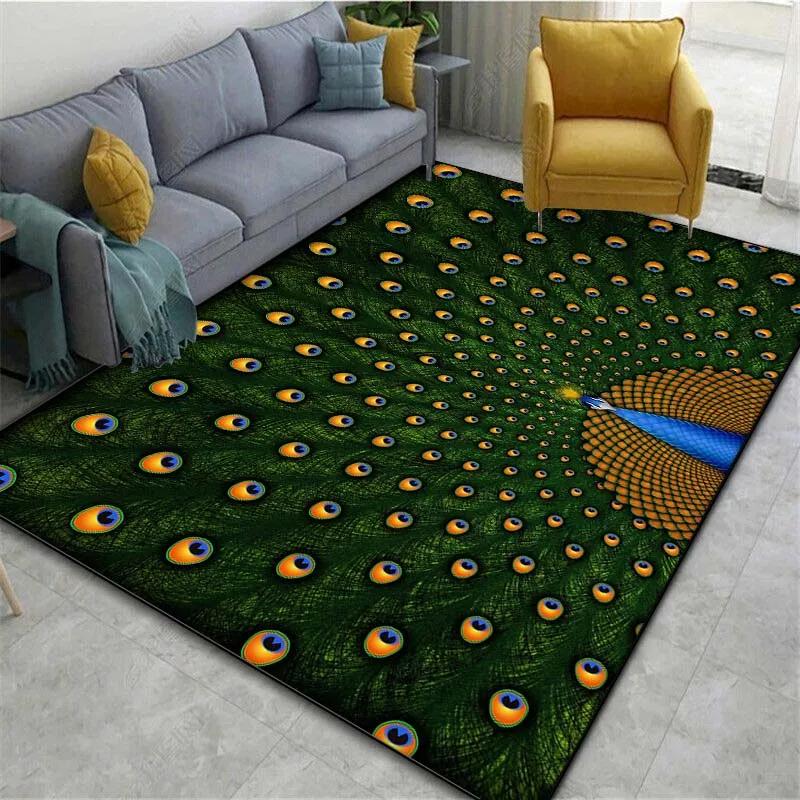 Peacock Feather Pattern Area Rug Colorful Animal Bird Fur Non-slip Carpet, Living Room Bedroom Polyester Mat Home Decor Doormat