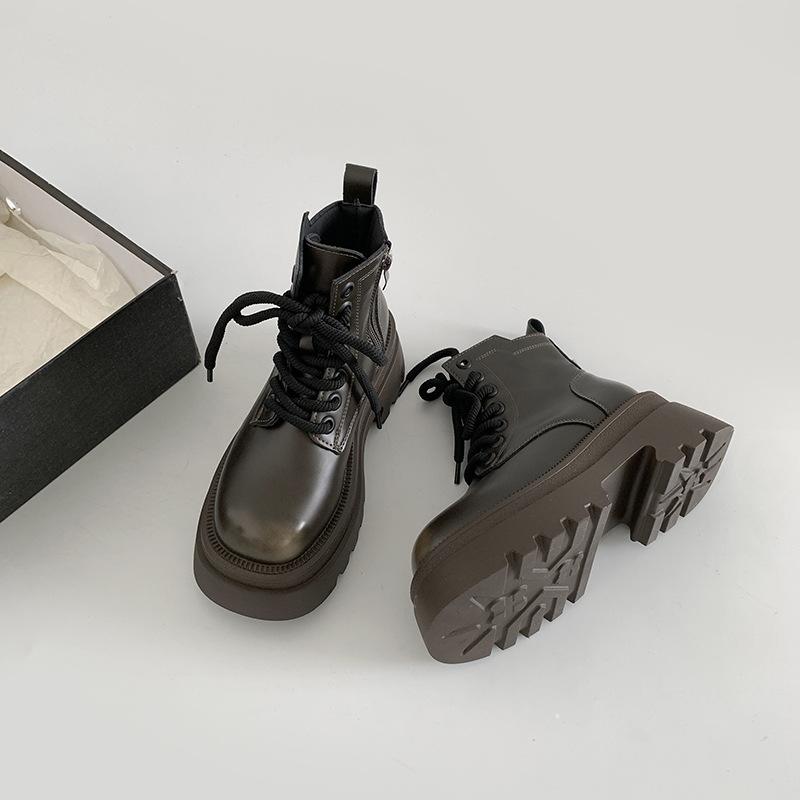 Vintage Platform Women Motorcycle Ankle Boots Fashion Lace Up Shoes Autumn Winter Thick Heel Ladies Short Booties