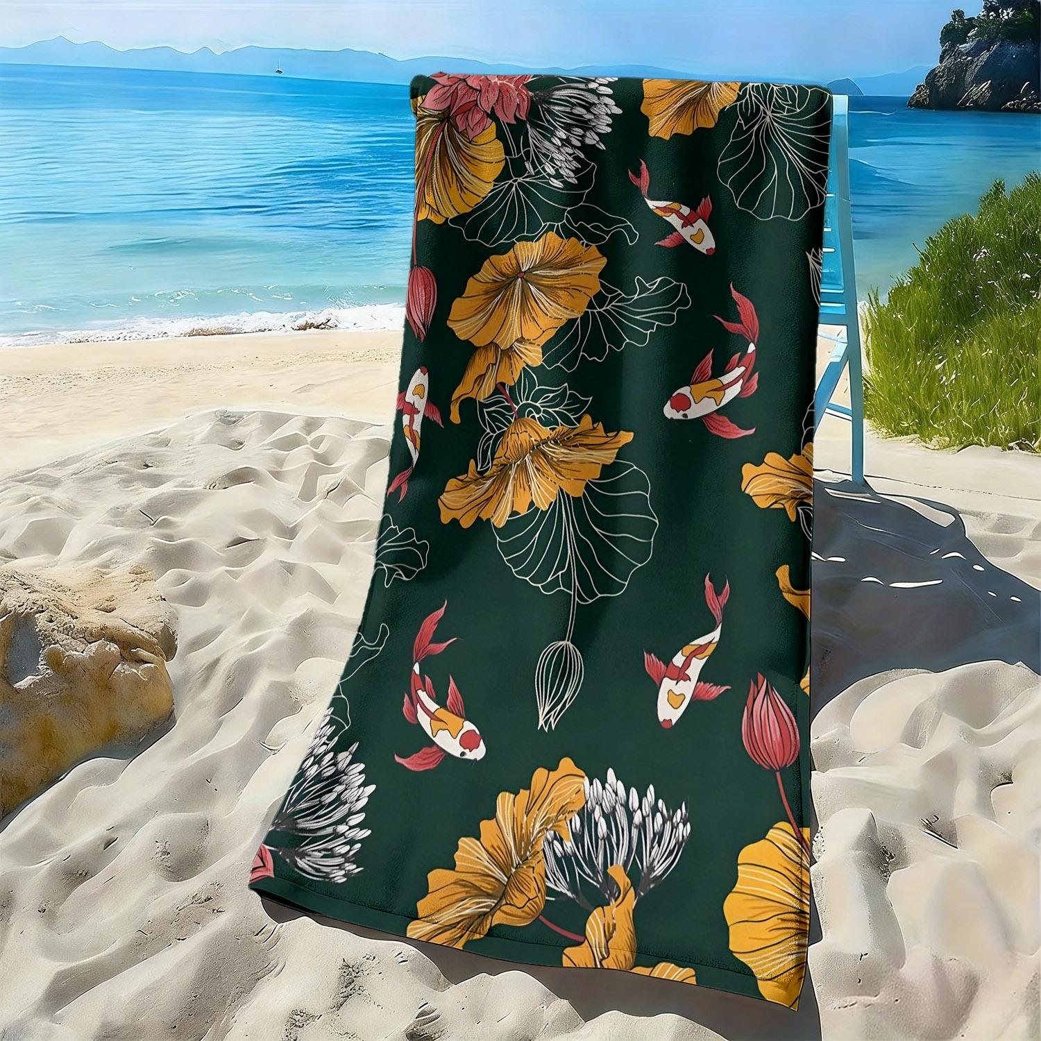 

Exquisite patterns of koi fish and lotus flowers polyester microfiber beach towel is highly absorbent, suitable swimming beach W30*H60(CM)
