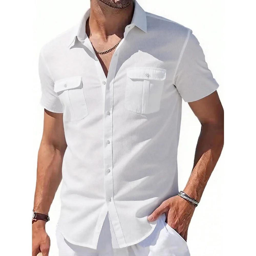 Men's Cotton Linen Shirts Short Sleeve Summer Breathable Turn-Down Collar Casual Button-Down Shirt