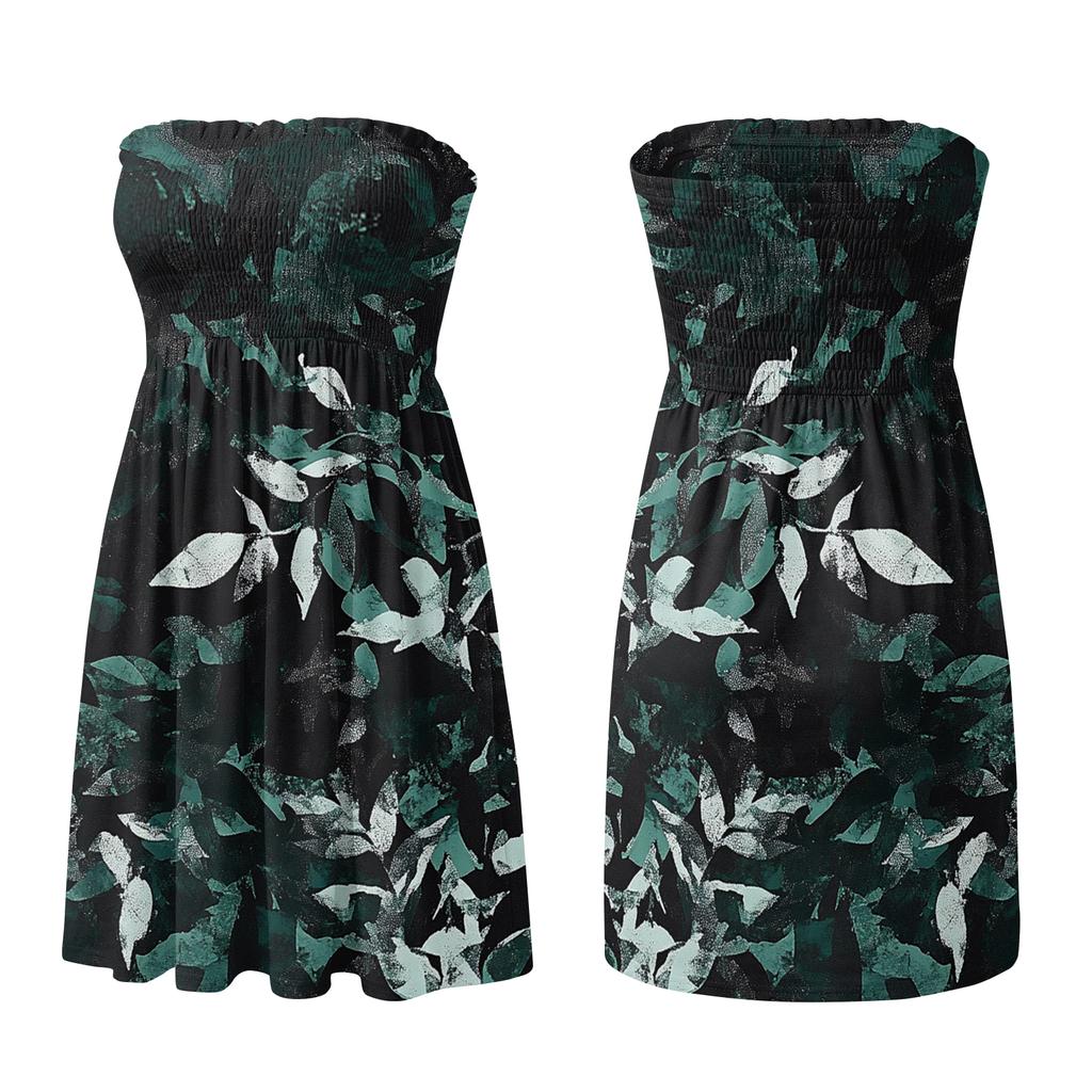 Strapless Floral Print Dress for Women Summer Casual Smocked Bodice Lightweight Above Knee Length Sundress