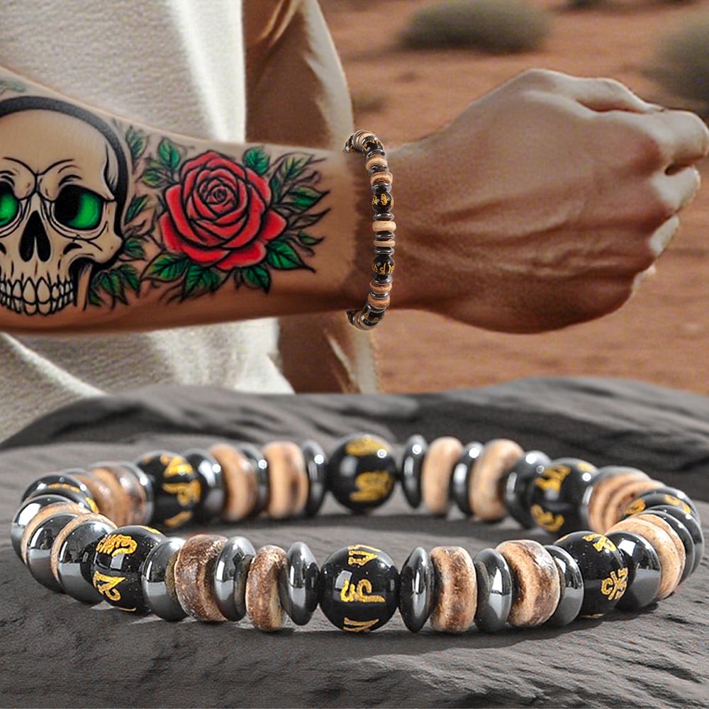 Men's Lava and Wood Bead Bracelet, Embellished with Hematite, Natural Stone Jewelry That Combines Energy,suitable for Daily Wear