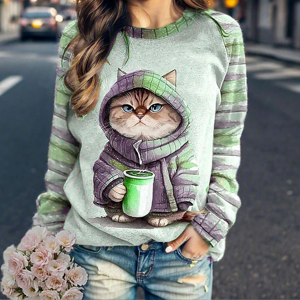 Women's Crew Neck Striped Cat Raglan Long Sleeve Graphic Print Pullover Casual V Neck Womens Tees Pack Womens Dress Shirt Button