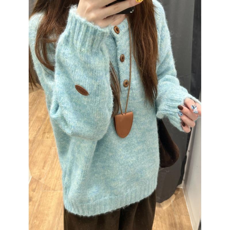 Half-open neck button sweater women's autumn and winter thickened warm large version meat cover long-sleeved age-reducing knitted bottoming top