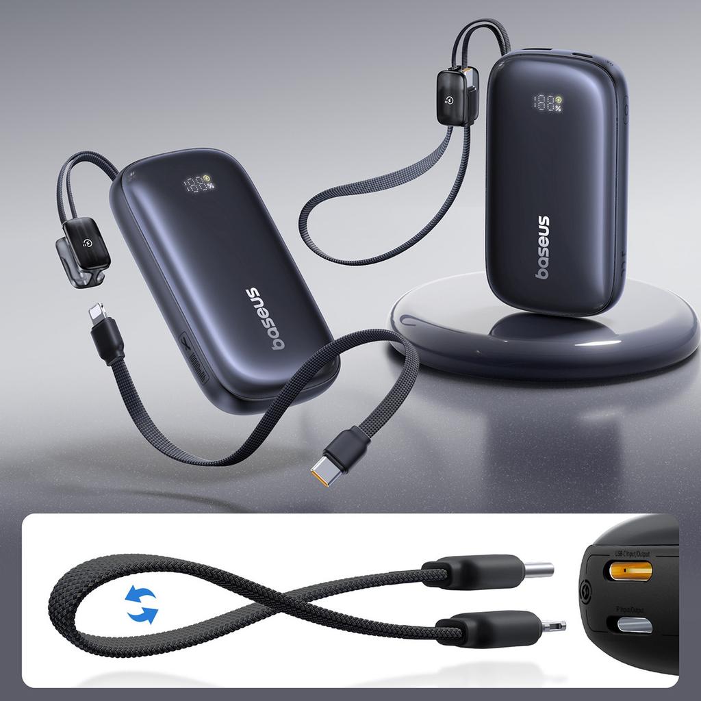 Powerbank 10000mAh 22.5W with display and detachable cable - black