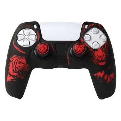 RALAN PS5 Controller DualSense Compatible with Silicone Joystick Caps, Non-Slip, Black, Perfect Fit, Ergonomic Design (Black and Red Tiger)