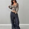 European Fashion 2025 Women's Retro Camouflage Tree Branch Pattern U-Neck Slim Fit Cropped T-Shirt
