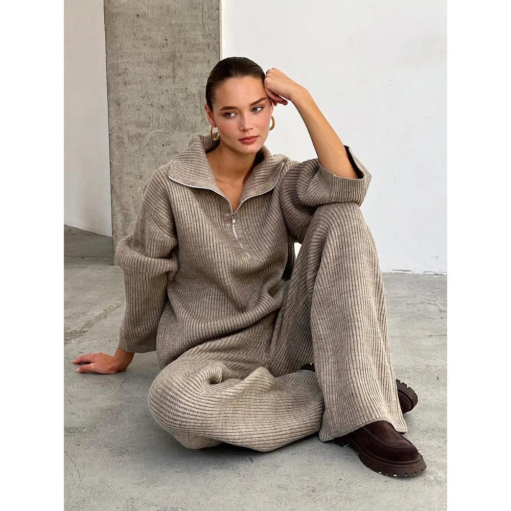 Women's Collared Half Zip Ribbed Knit 2-Piece Set Oversized Wide Leg Pants Fashion Sweater Suit