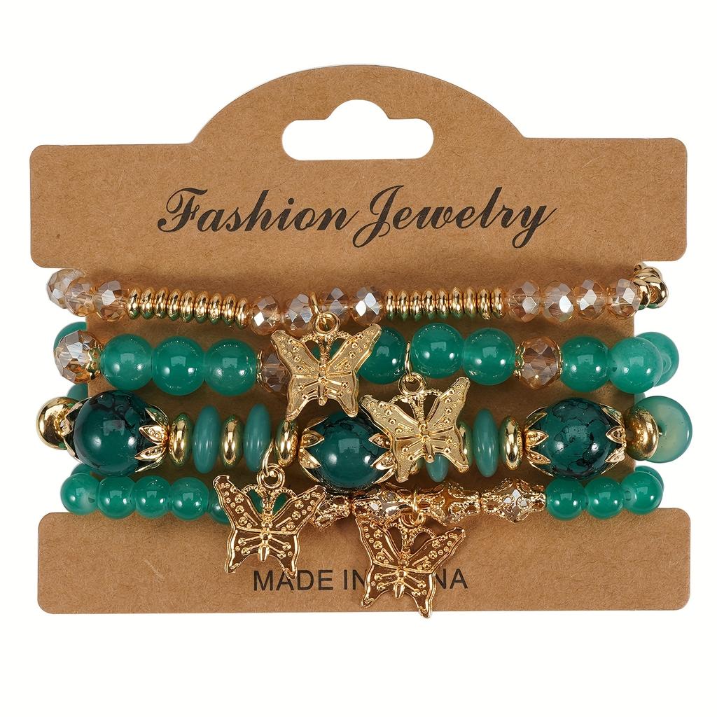 4Pcs Bohemian Butterfly Beaded Bracelets, Crystal Zinc Alloy Pendant, Ladies Daily Party Jewelry