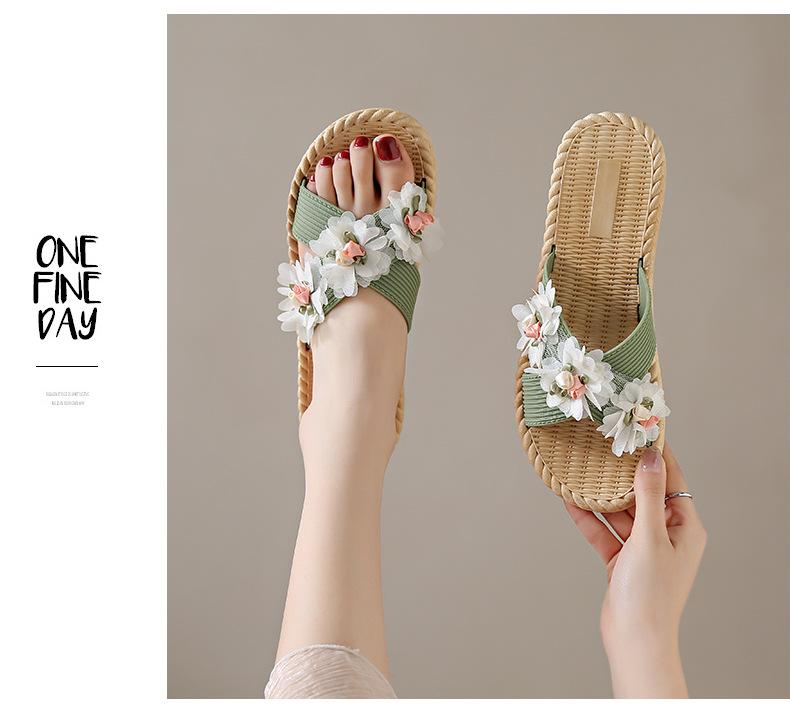 Summer New Women's Thick Bottom Herringbone Slippers Bohemian Silk Ribbon Ethnic Fashion Outwear Beach Slippers