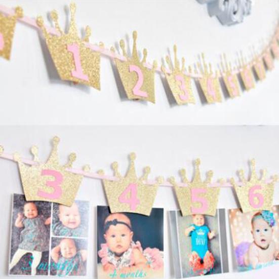 1st Baby Birthday Party Glitter Crown Monthly Photo Banner 1-12 Months Garland