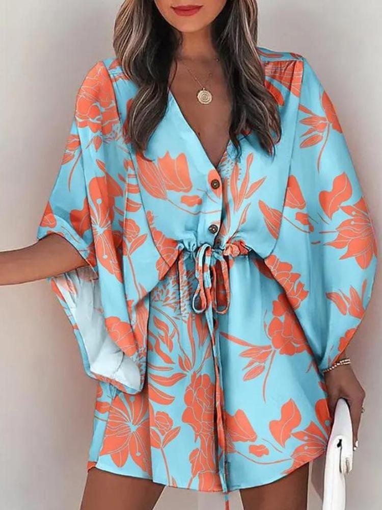 Dámské letní mini šaty volného střihu s výstřihem do V, šněrováním, netopýřími rukávy a potiskem, plážové párty knoflíkové šaty