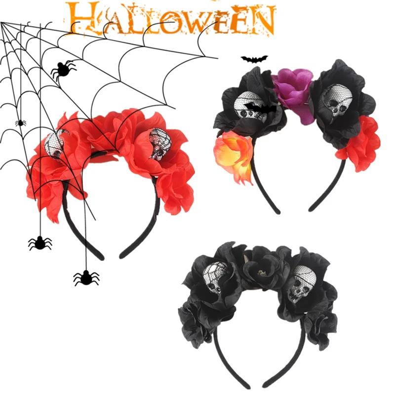 1/3Pcs Halloween Headband Skull Flower Decoration Headwear Party Favors Supplies Photo Booth Props For Women Cosplay Costume