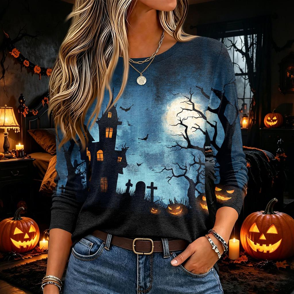 Women's Halloween Print Long Sleeve Neck Pullover T-Shirt for Fall