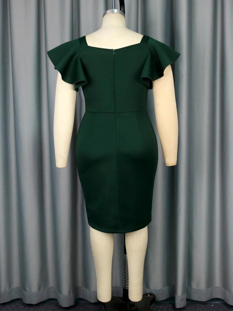 AOMEI Dark Green Bodycon Women Party Dresses Lovely Bow Ruffles High Waist Beading Knee Length Outfits